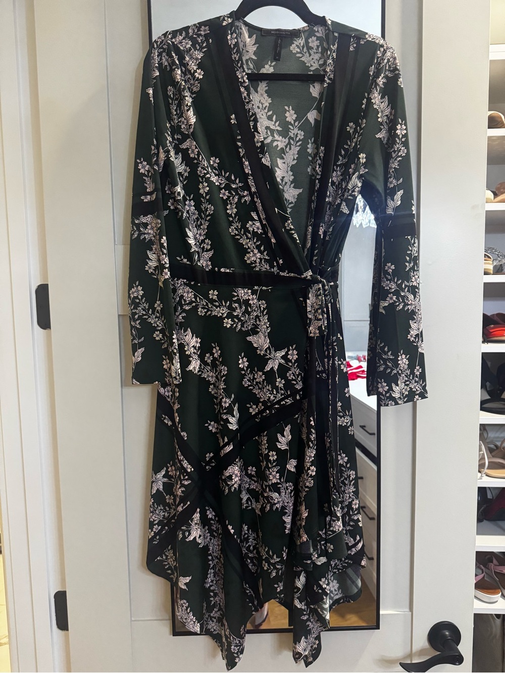BCBGMaxAzria Dark Green Floral Wrap Midi Dress